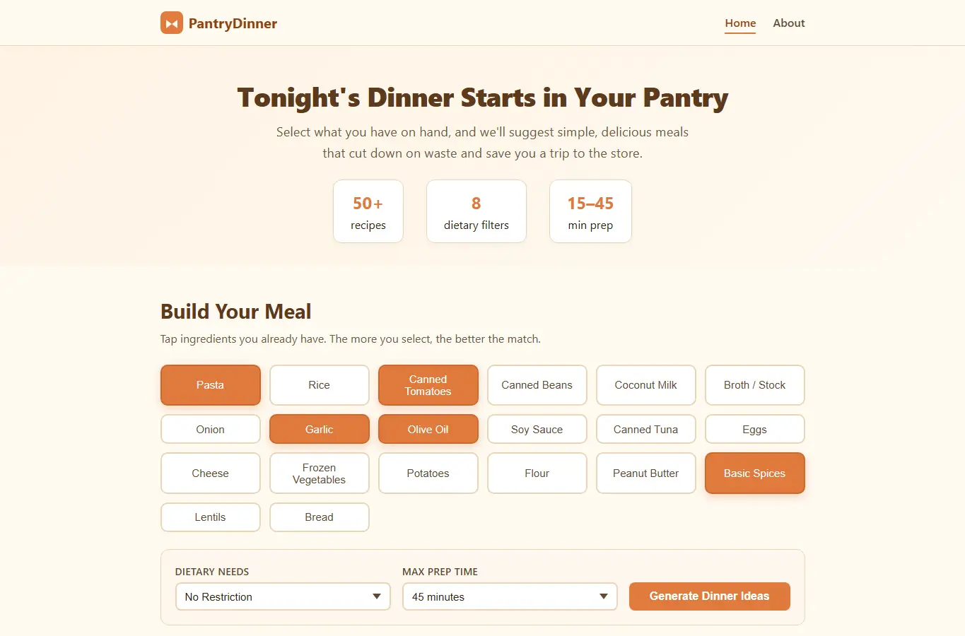 Screenshot of Pantry Dinner Generator interface showing the project page in use